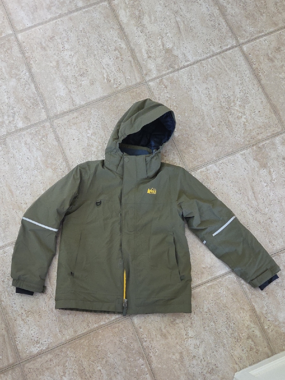 REI Kids Olive Hooded Winter Puffer with Yellow Logo